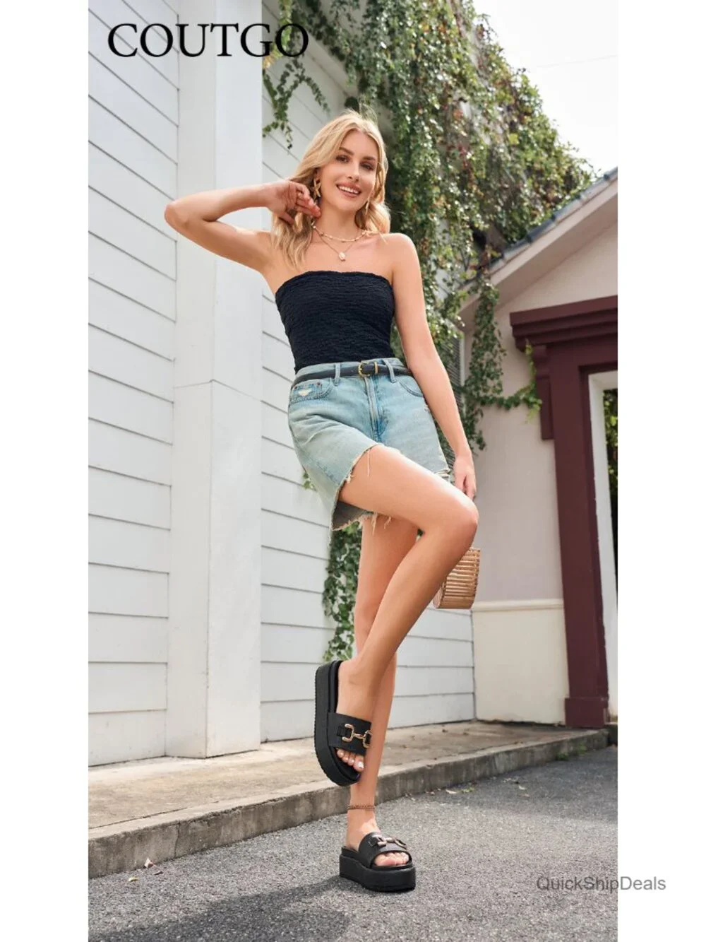 Women's Platform Sandals Raffia Espadrilles with Metal Chain - Slip On Slide